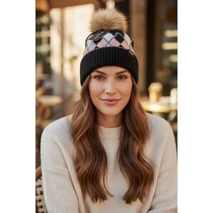 Marcus Adler New York Women's Argyle Knit Beanie w/ Faux Fur Pom Pom